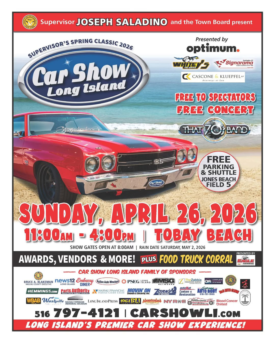Long Island Car Show 2026 flyer for Tobay Beach presented by Whitey’s Tire Service